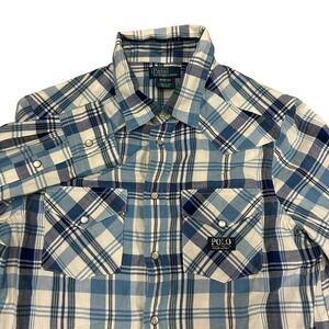 Polo Ralph Lauren Kids Size Medium 10-12 Pearl Snap Blue Plaid Boys Long Sleeve‎